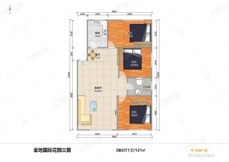 金地国际花园3室2厅1卫121.47㎡南北138万