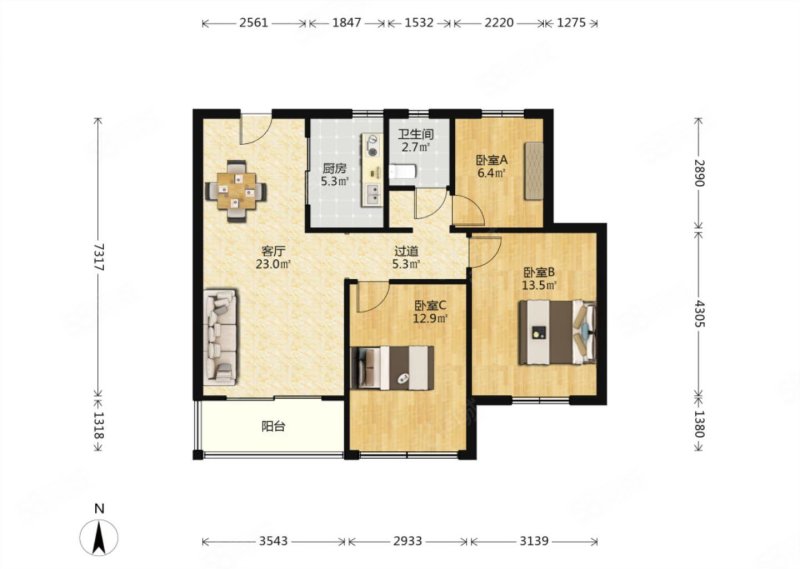 观湖壹号3室2厅1卫90.87㎡南298万