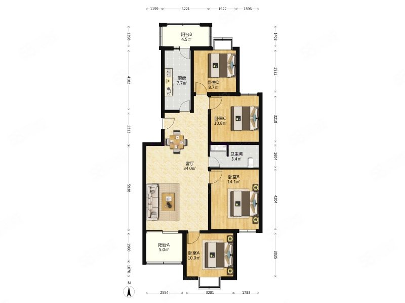 丰管路甲52号院4室2厅1卫123.55㎡南北770万