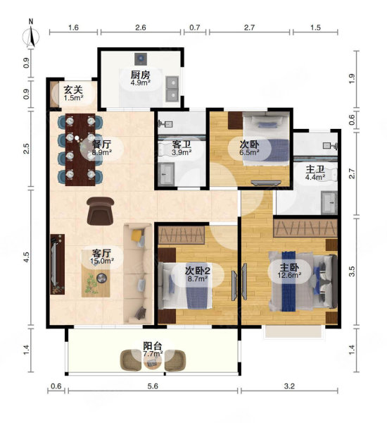 新城璞樾门第3室2厅2卫108.7㎡南北172万