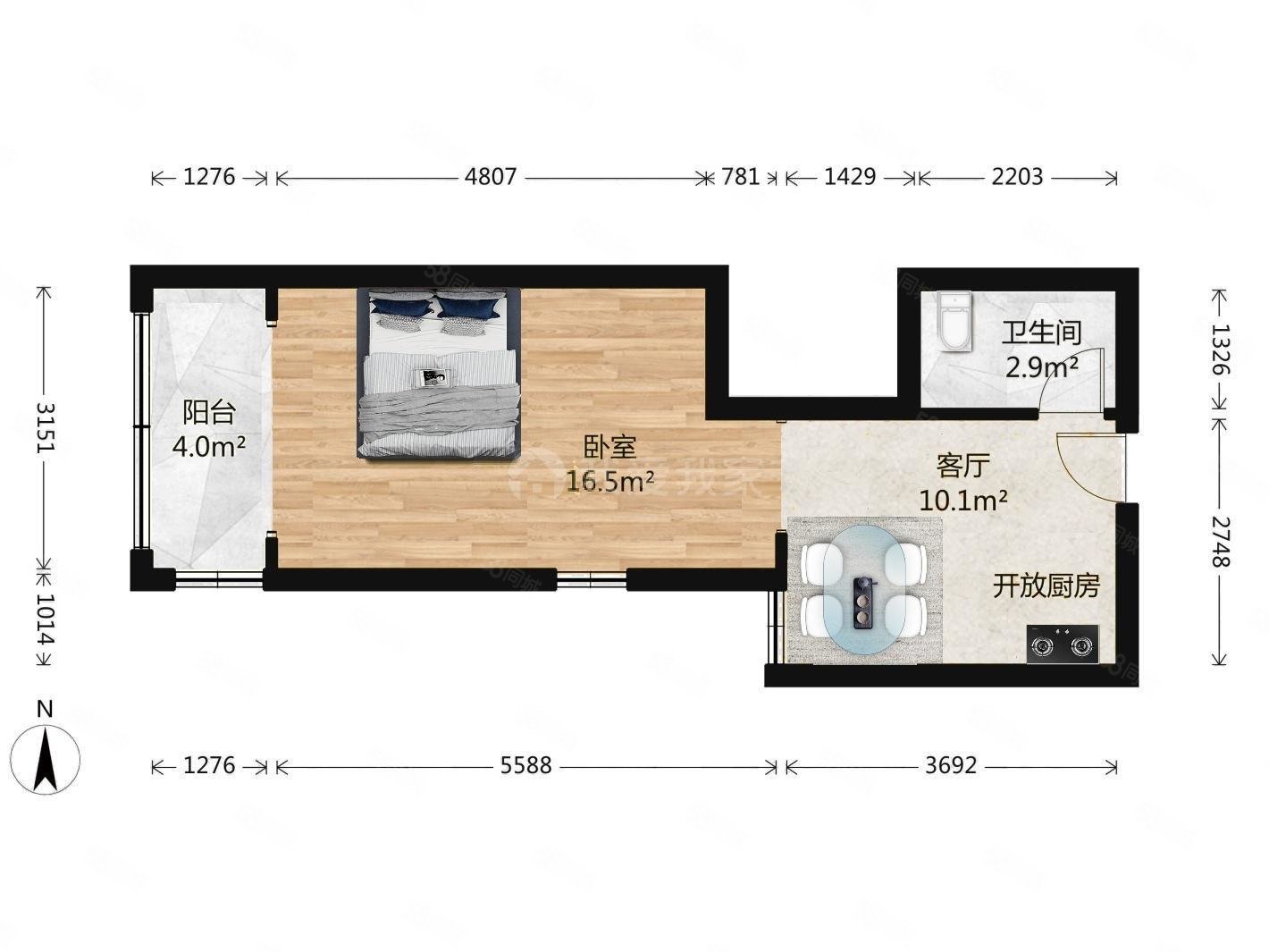 冠军城1室1厅1卫52.77㎡西南465万