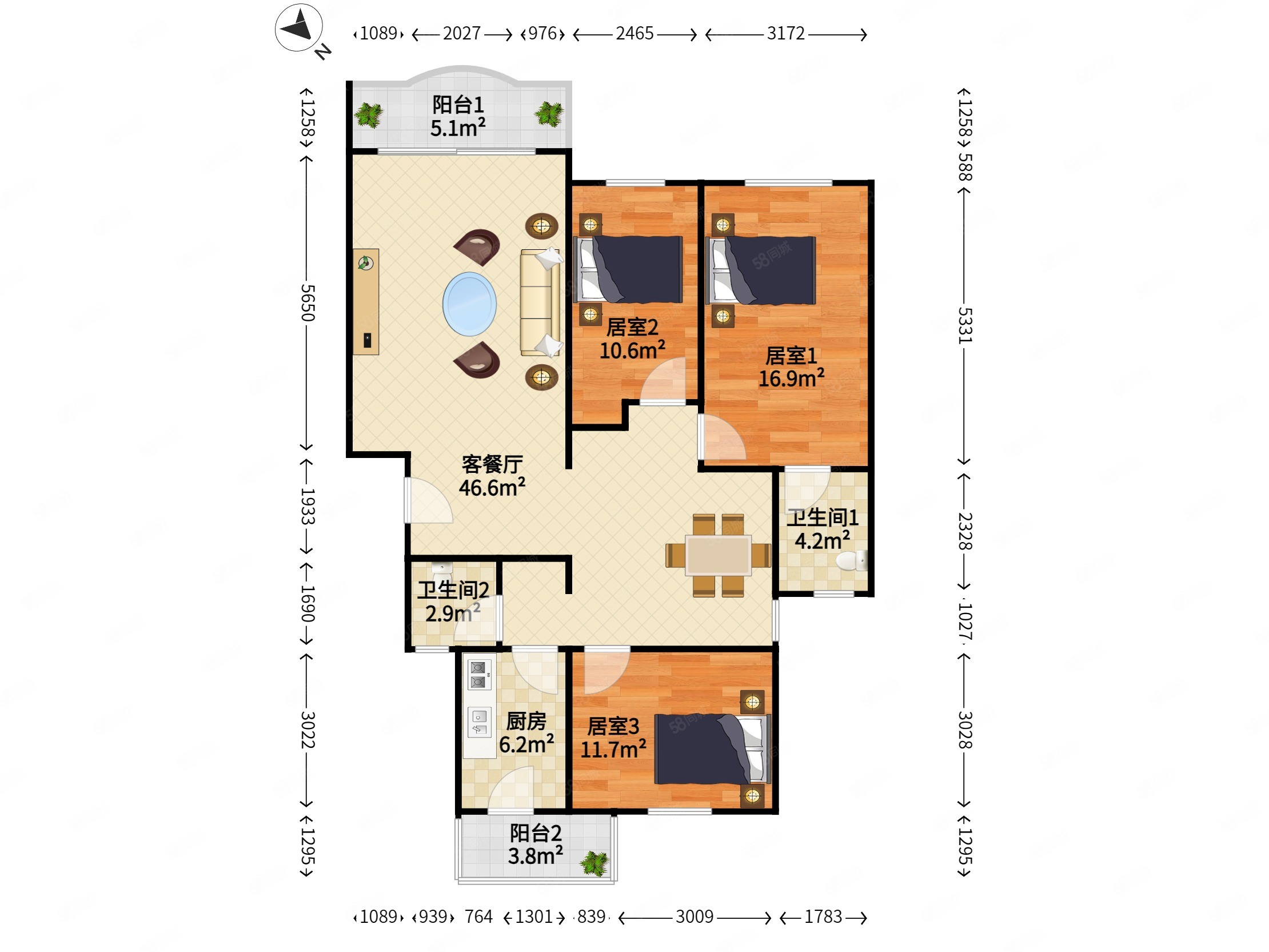绿景花园(一期)3室2厅2卫116㎡南北599万