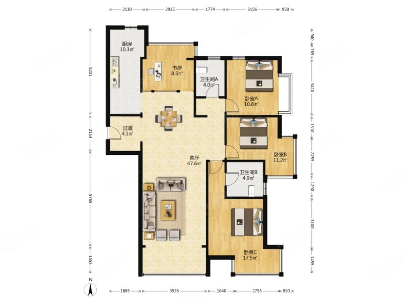 御景新世界3室2厅2卫154.96㎡南北355万