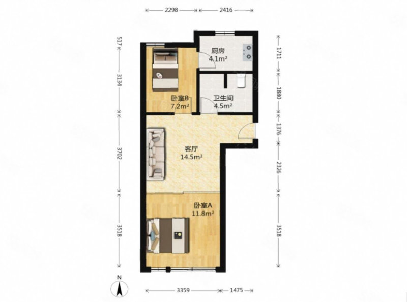 东海一路小区2室1厅1卫53.15㎡南北155万