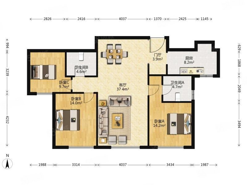 鲁能公馆3室2厅2卫145.37㎡南808万