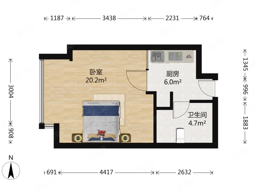 海晟名苑(北区)1室1厅1卫46.25㎡西530万