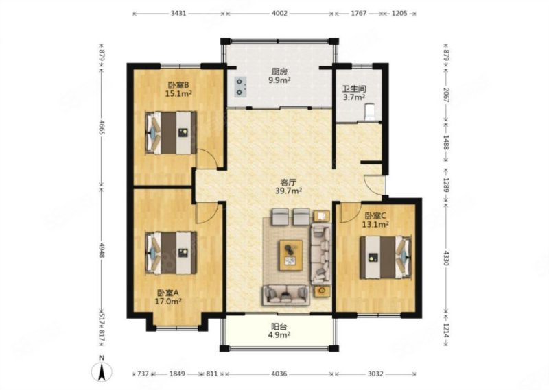 雍锦园3室2厅1卫115㎡南北58万