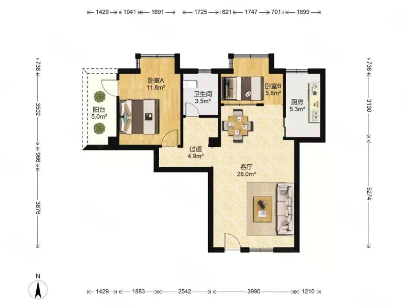 特房锦绣祥安2室2厅1卫87㎡南北125万