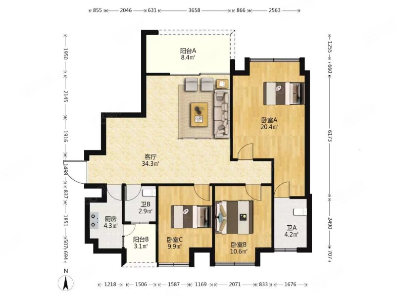 师大现代花园3室2厅2卫115.77㎡西北125万