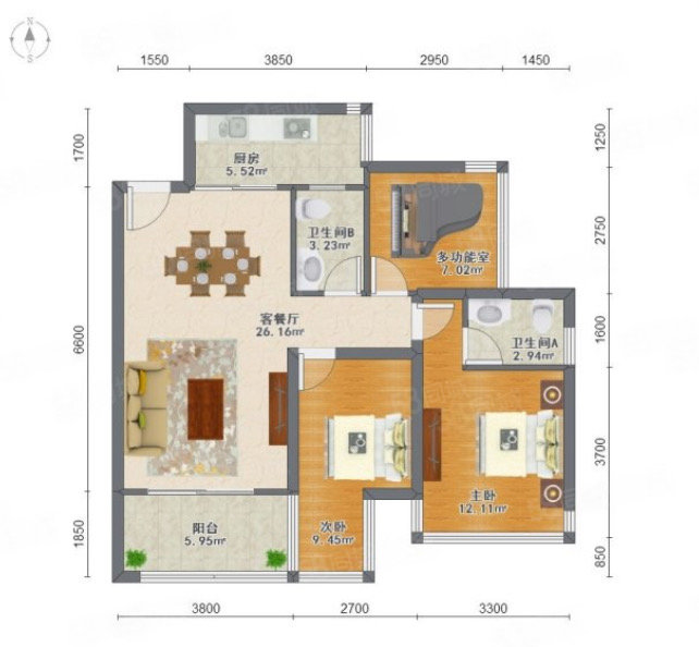 霖峰一号3室2厅2卫85.96㎡南133万