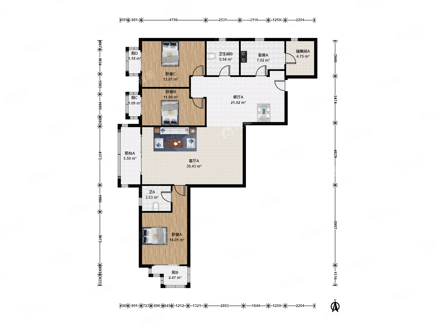翠微嘉園3室2廳2衛(wèi)153.85㎡西南1300萬