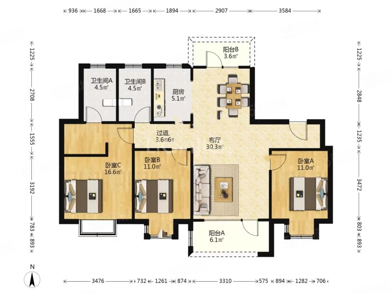 中铁世博城阅园西区3室2厅2卫129.68㎡南北158万