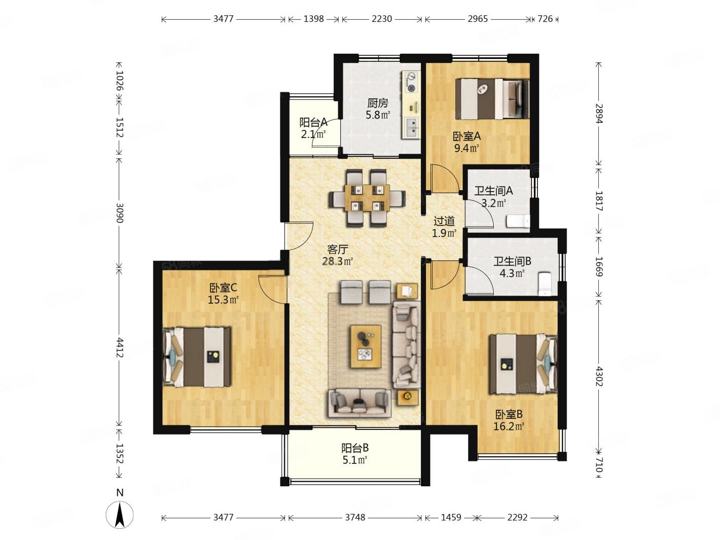 富力十号(B区)3室2厅2卫122㎡南275万