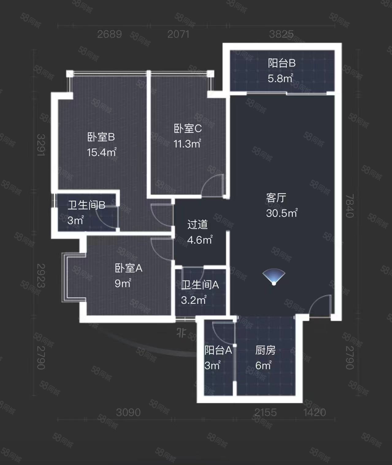 龙坤公寓3室2厅2卫120.21㎡南北185万