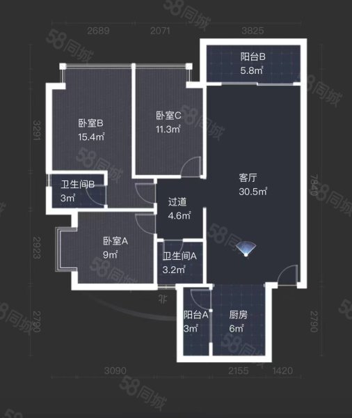 龙坤公寓3室2厅2卫120.21㎡南北185万