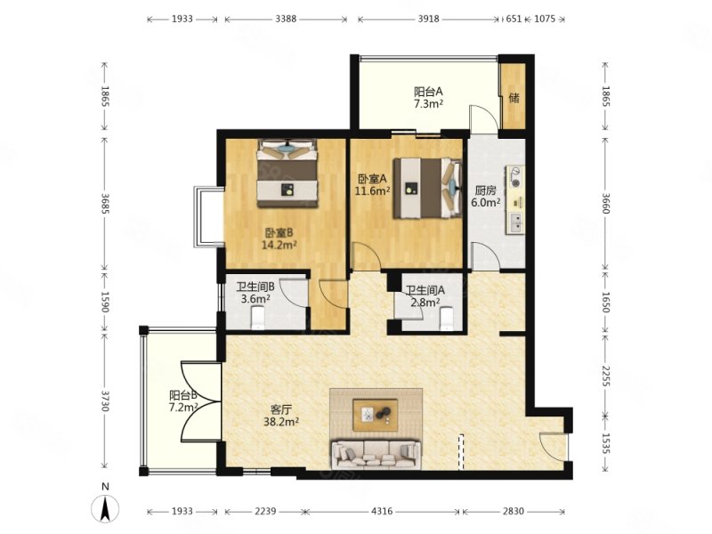 和平新城2室2厅2卫126.38㎡西南1569万