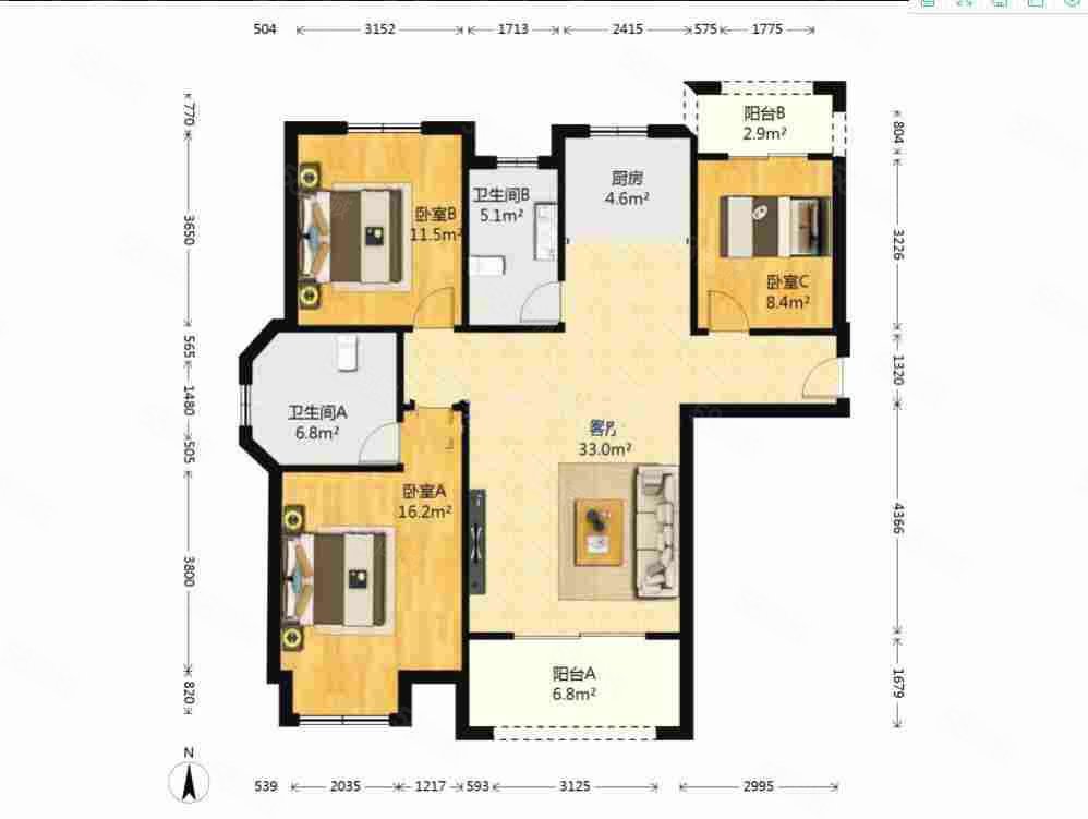 御景城3室2厅1卫120.39㎡南北219万