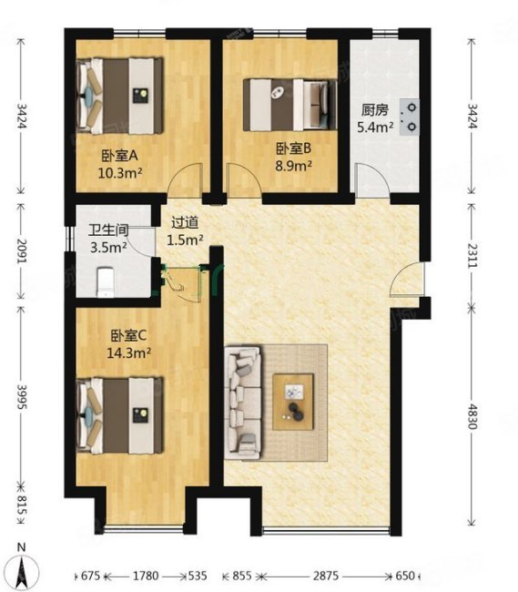 中国铁建青秀尚城3室2厅1卫91.78㎡南北439万