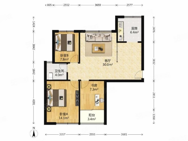 丽岛漫城3室2厅1卫90.97㎡南北165万