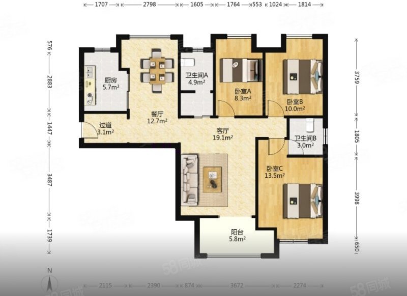 中建开元公馆3室2厅2卫108.8㎡南北207万