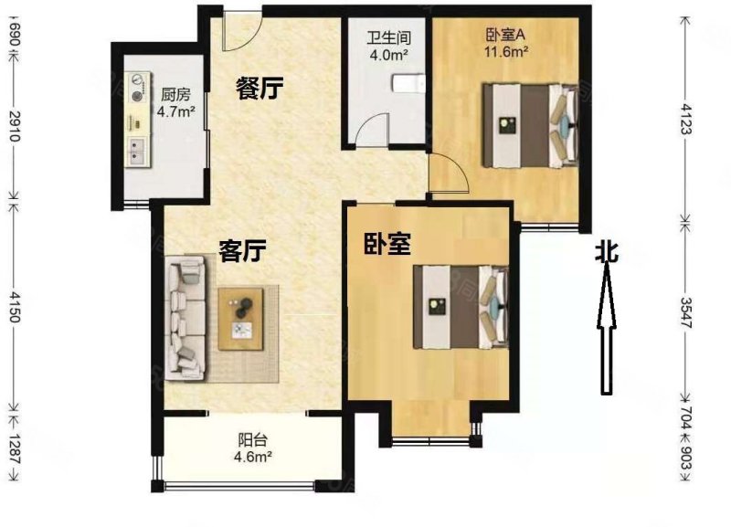 凯旋城2室2厅1卫88.75㎡南北43万