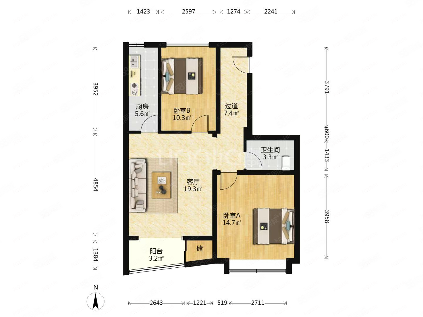 上京新航線2室2廳1衛(wèi)90.97㎡南北506萬