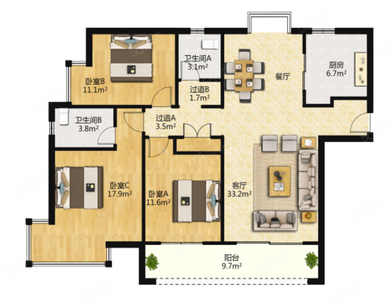 金地九樾2室2厅1卫126.7㎡南北235万