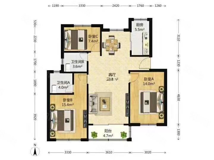 三华园(徽州)3室2厅2卫132㎡南北49万