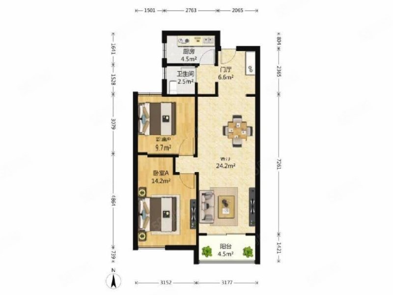 紫杨佳园2室2厅1卫85.47㎡南北130万