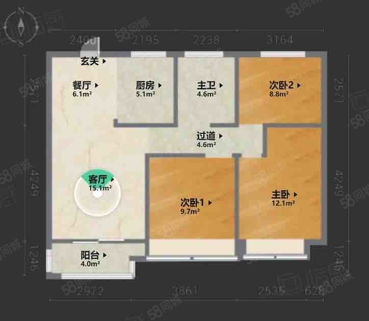 中海珑玺3室2厅1卫89.62㎡南北155万