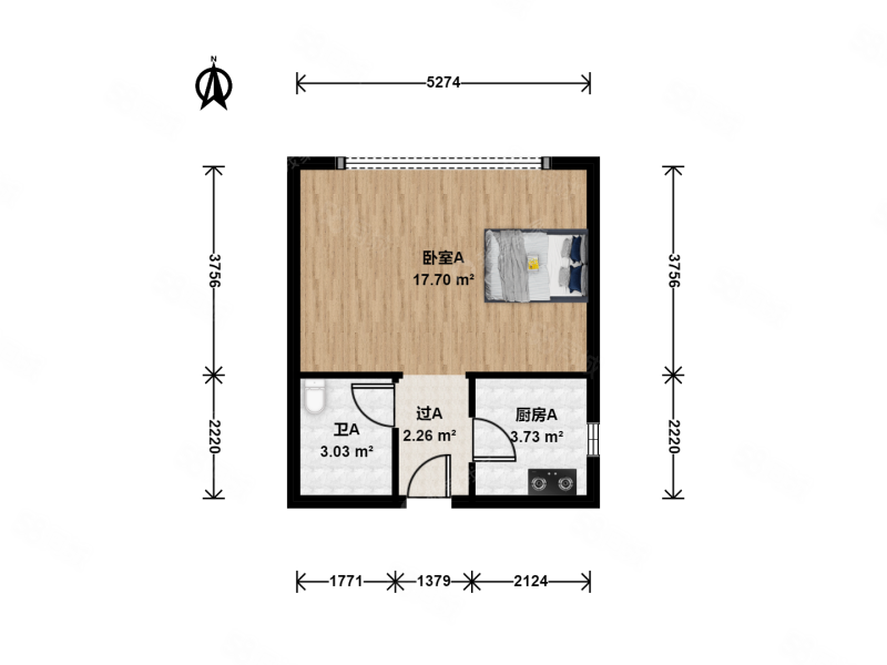 西现代城1室0厅1卫41.07㎡北223万