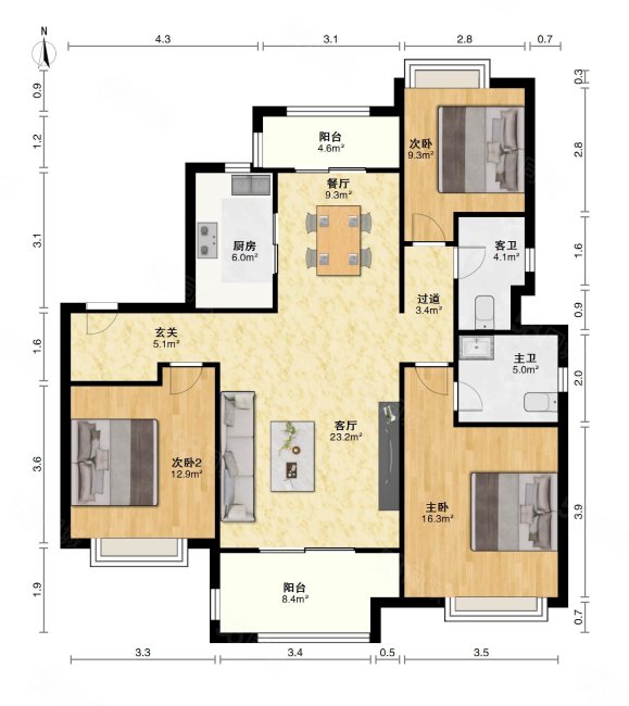 万科公园里3室2厅2卫111.12㎡南北141万