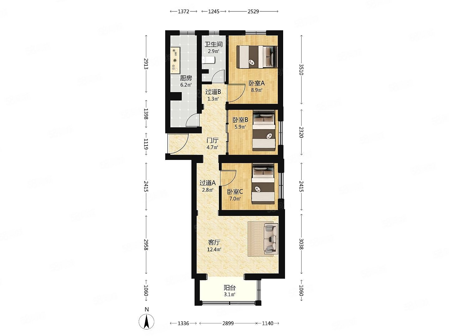 松榆西里3室1廳1衛(wèi)74.47㎡南北339萬