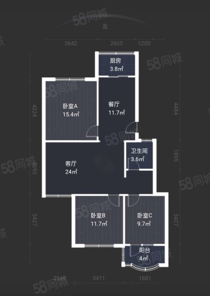 丰盛园小区3室2厅1卫105㎡南北118万