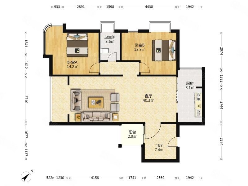 西城公馆2室2厅1卫104㎡东173万