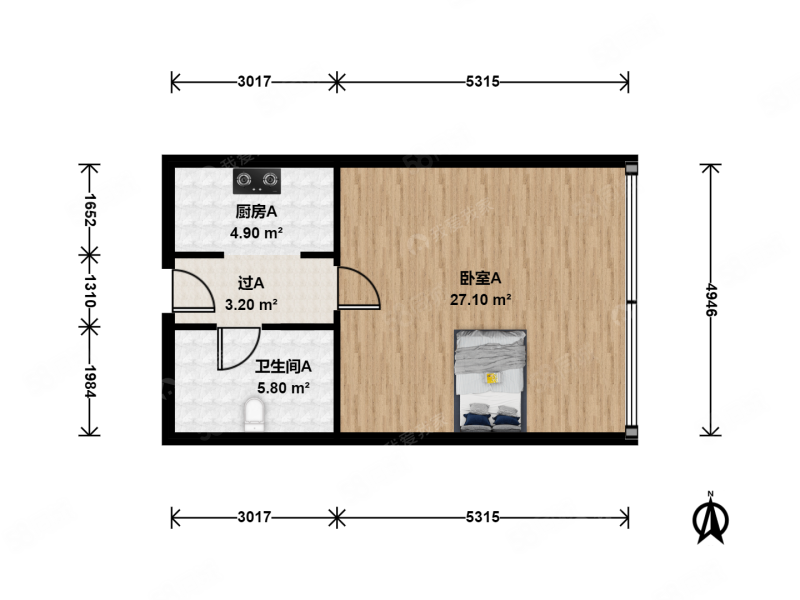 新世界中心公寓1室0厅1卫58.4㎡东398万