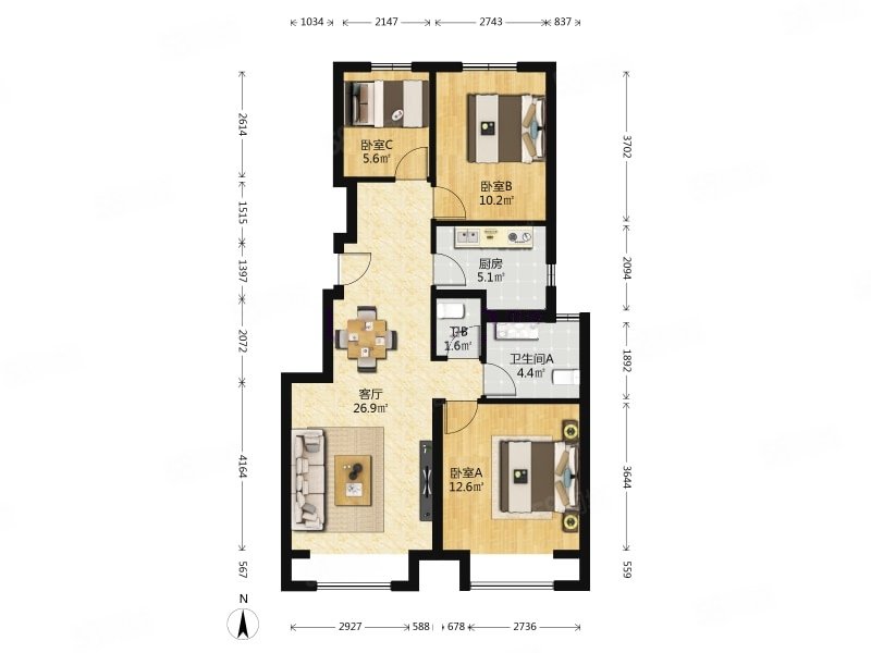 金域東郡3室2廳2衛(wèi)91.81㎡南北470萬