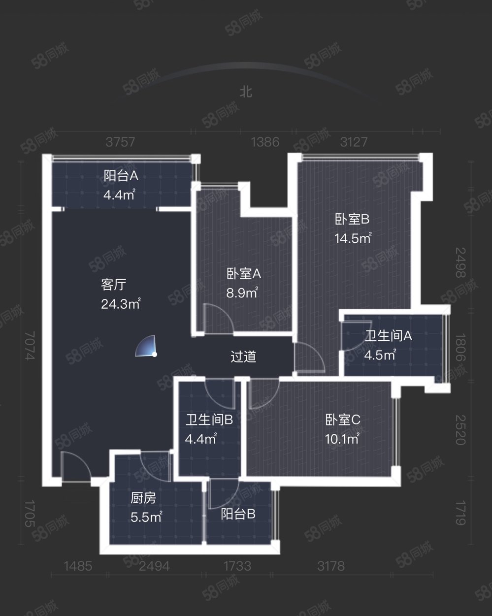 戛纳湾滨江3室2厅2卫88.21㎡南北185万