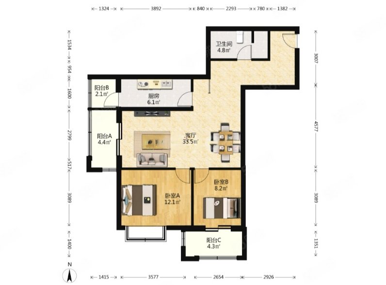 新纪家园2室2厅1卫98㎡南北830万