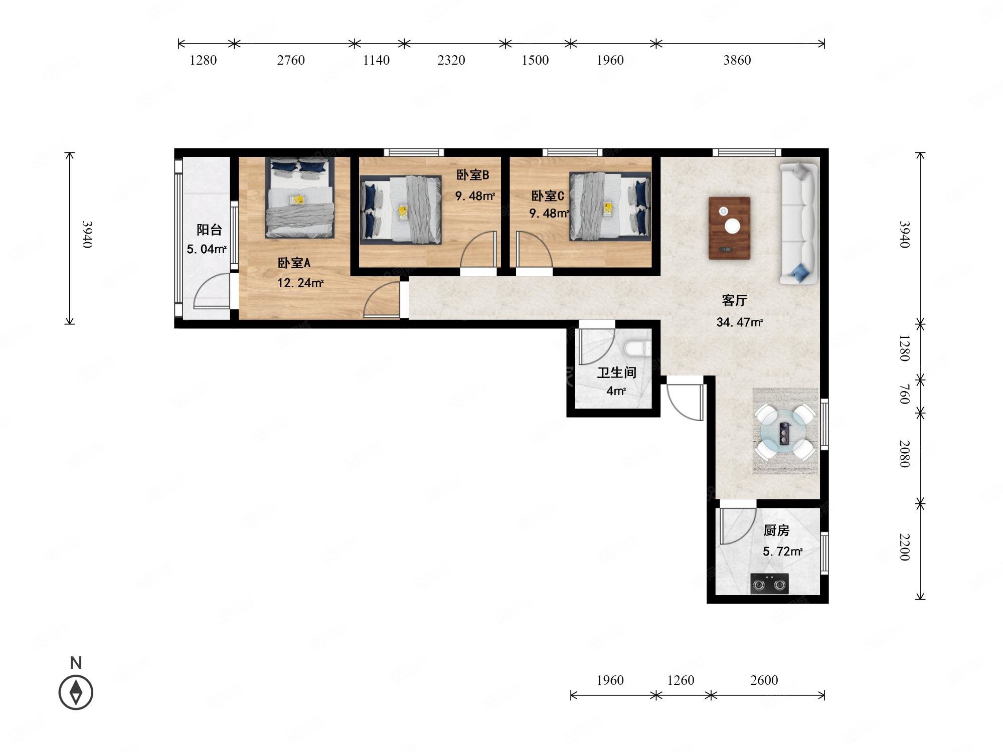 建予园3室1厅1卫109.97㎡西北680万