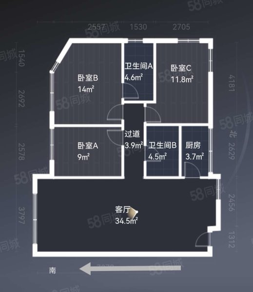 新城市中心广场3室2厅2卫103㎡南240万