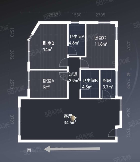 新城市中心广场3室2厅2卫103㎡南240万