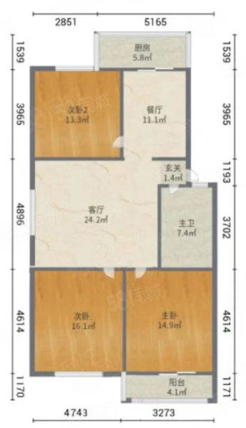 物探家园3室1厅1卫88㎡南北68万