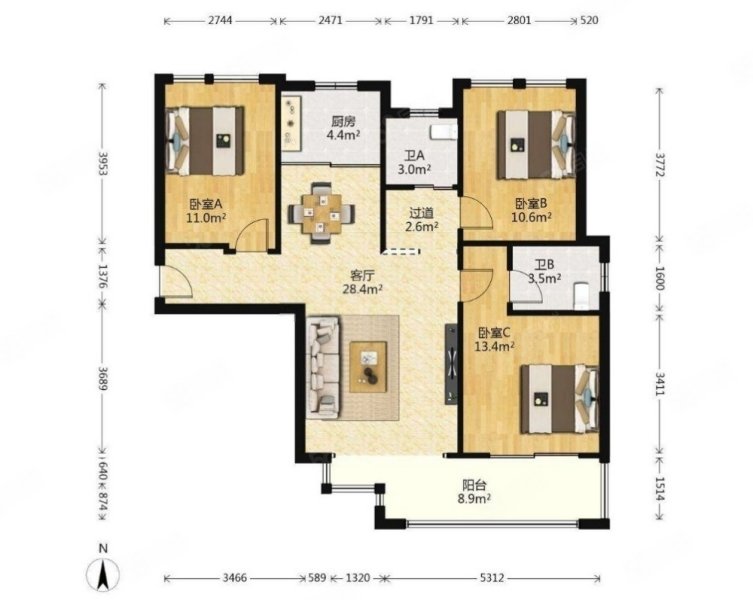 保利时代(北区)3室2厅2卫108.95㎡南北230万