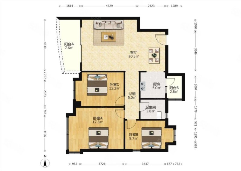 恒大绿洲3室2厅2卫108㎡南北130万