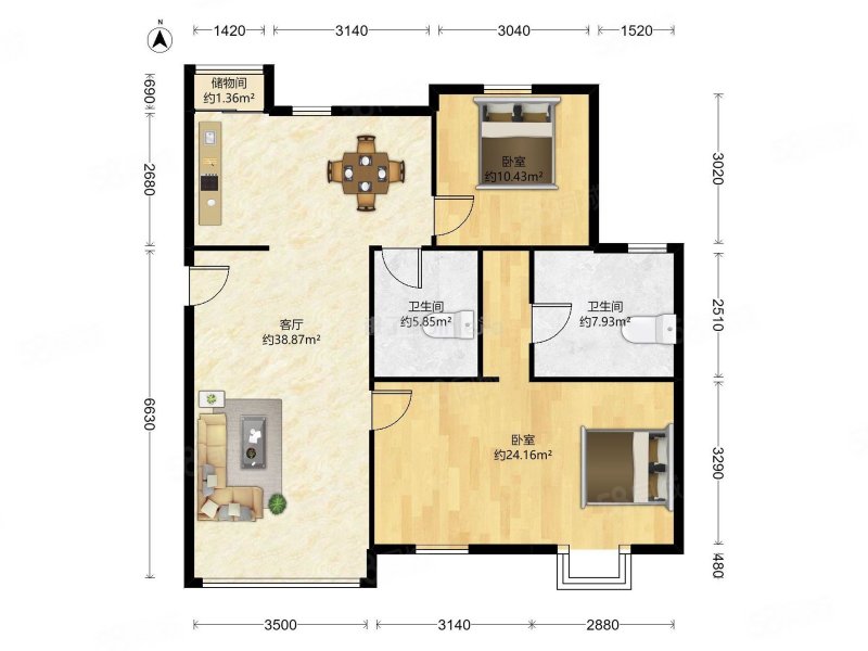 时代奥城3室2厅2卫139.55㎡南北455万