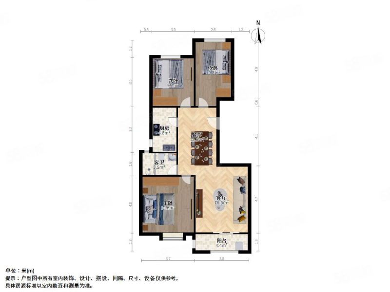 荣御华府3室2厅1卫112.69㎡南北205万