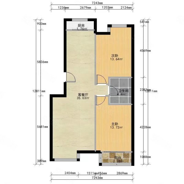 三号院中区3室1厅1卫65.26㎡南北38万