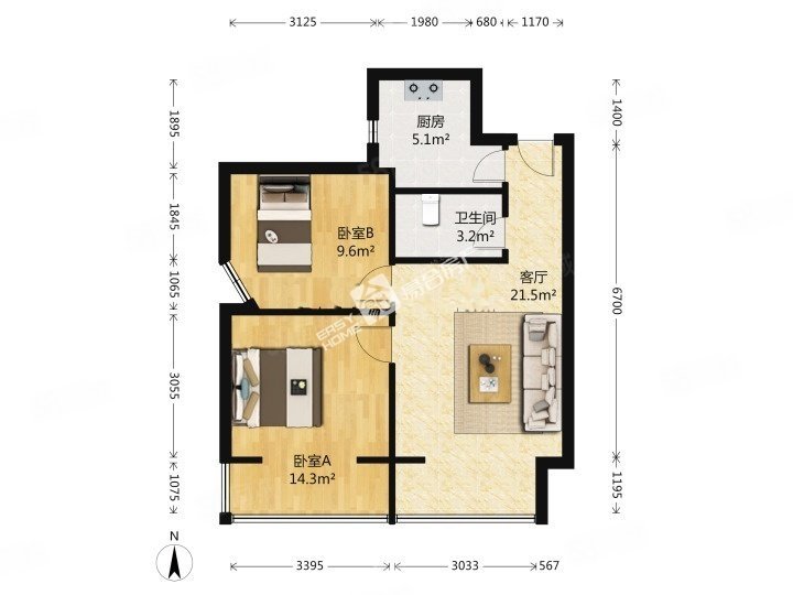 北街家园(八区)2室1厅1卫61.89㎡南296万