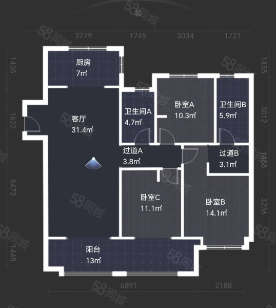 红星紫御半山3室2厅2卫128.51㎡南北195万